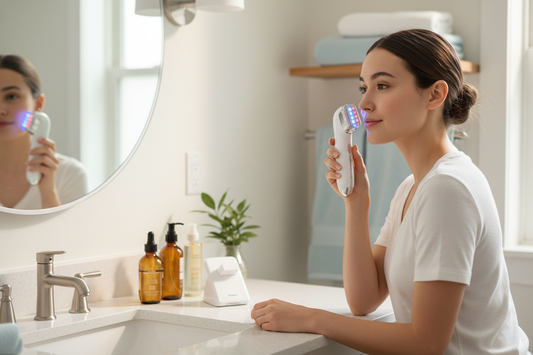 Woman using handheld device to highlight at-home light therapy benefits for radiant, youthful skin care results